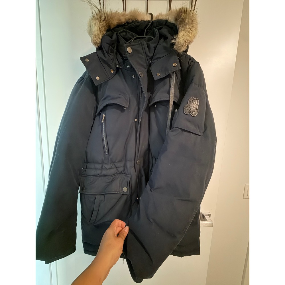 Psycho Bunny Mens Navy Blue Real Fur Trim Hooded Winter Parka Jacket Size Medium